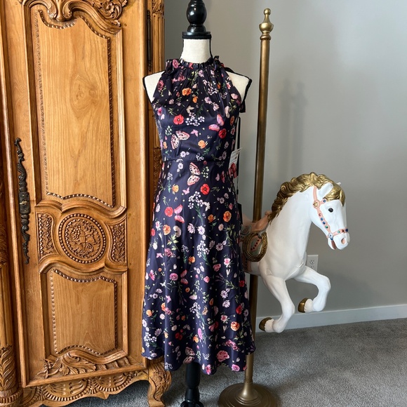 NWT leena for Mac Duggal [4] 55629 Navy Floral Print Tie Neck Midi Dress Halter - Picture 1 of 12